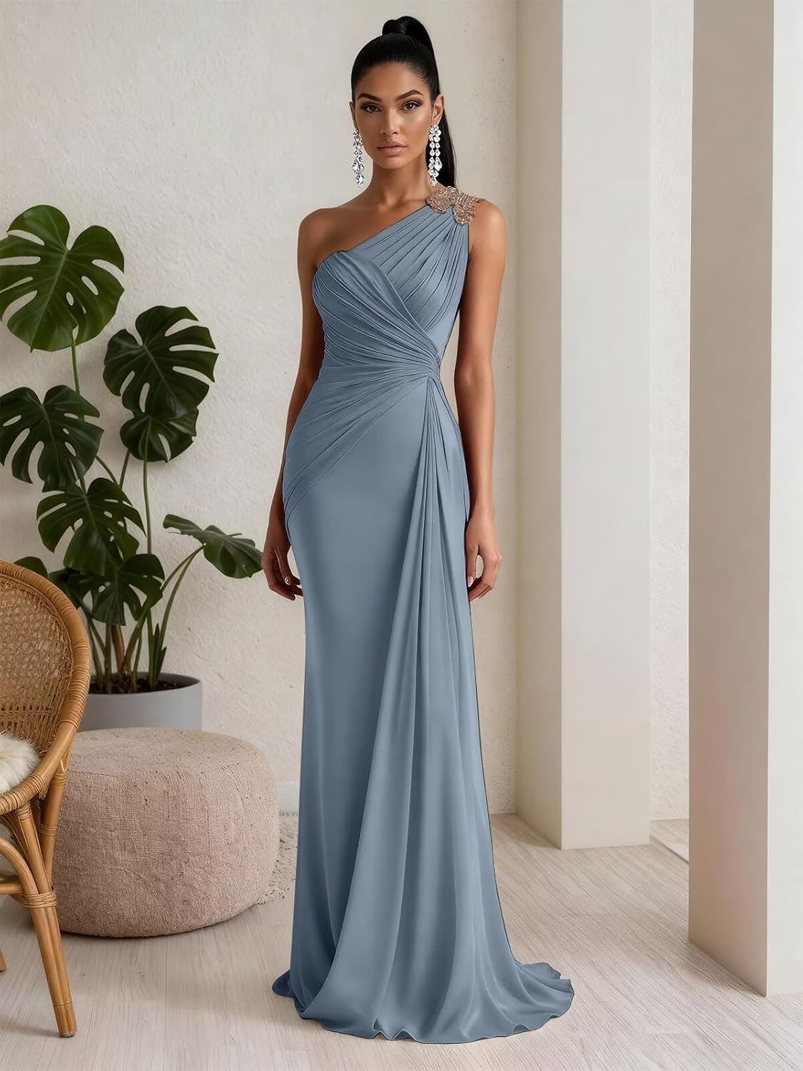 RYANTH One Shoulder Chiffon Bridesmaid Dresses for Women Mermaid Long Prom Dress Pleated Beaded Formal Evening Gowns - Image 3