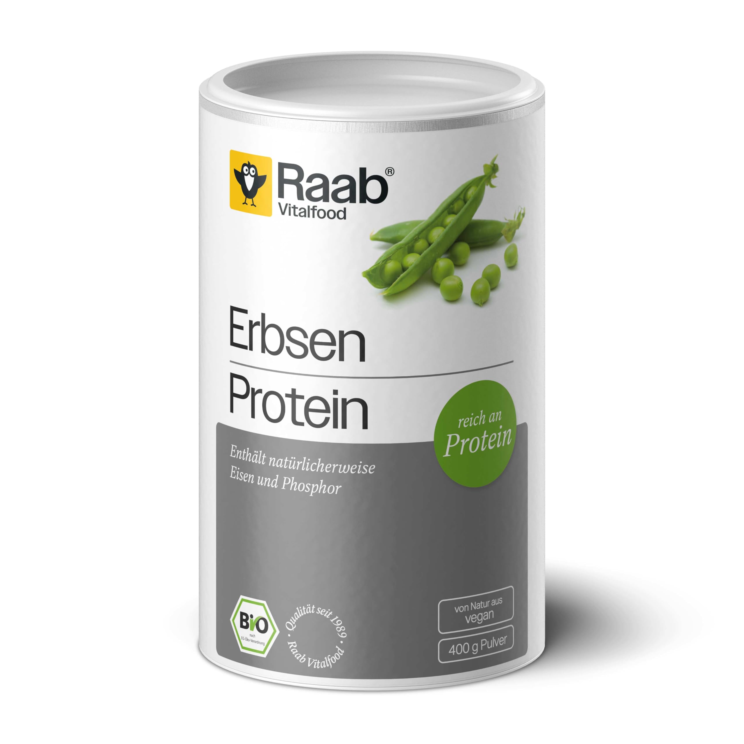 Raab Vitalfood Erbsen Protein Pulver Bio (300 g), 80% pflanzliches Protein, vegane Proteinquelle, reich an Eisen, enthält natürlicherweise Phosphor und alle acht essentiellen Aminosäuren