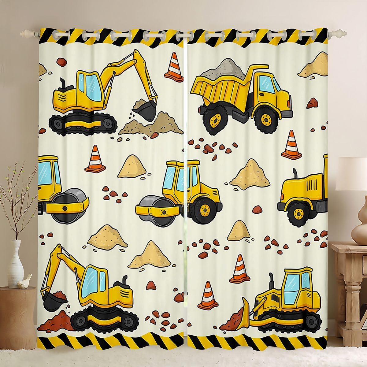 Castle Fairy Construction Truck Blackout Curtains Site Road Roller Window Drapes Kids Teens Cartoon Cute Vehicle Window Treatments Grommet Top 2 Panel Set Curtains,38Wx45L Inch Beige Yellow