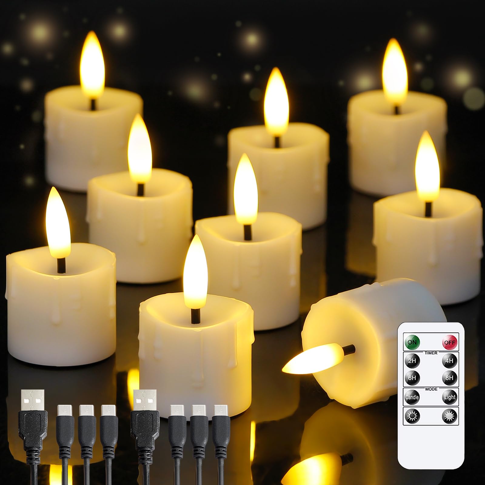 Yeelida Rechargeable Flameless 4cm x6.5cm Tea Light LED Candles with Remote & Type-C Charging Cable