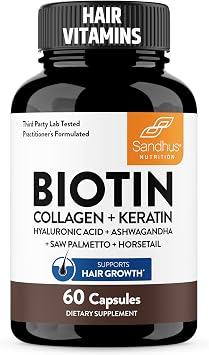 Sandhus Biotin, Collagen & Keratin Complex | Supports Normal Hair Growth Cycle | Vitamins for Skin & Nails | Hair Supplements for Women & Men | Made in USA 60 Count Pack of 1, #1 Hair Vitamins