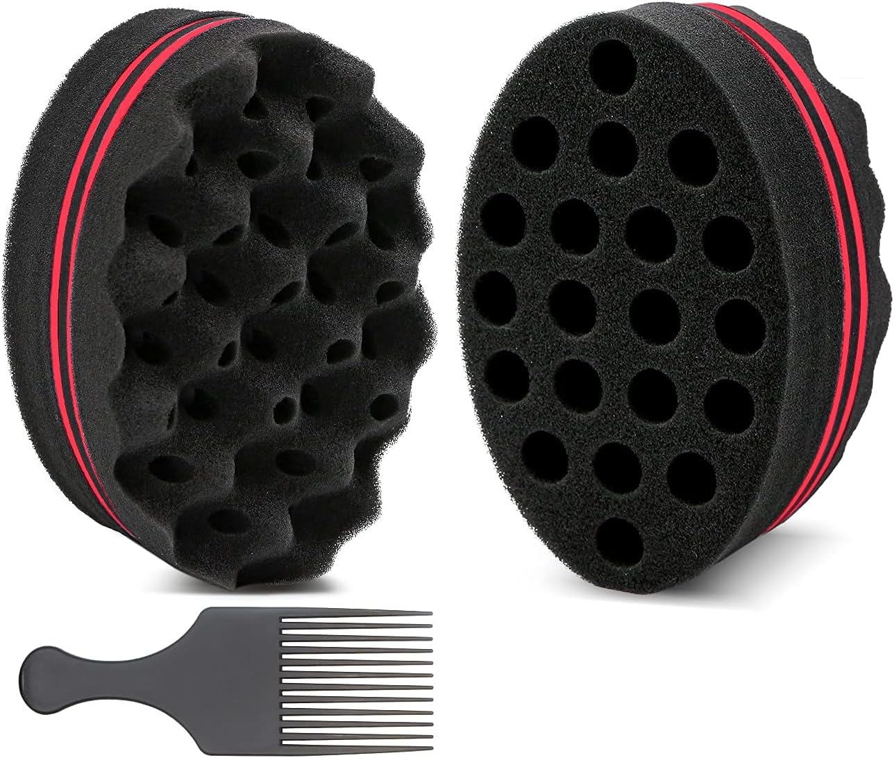 Curl Twist Hair Sponge Big Holes Brush Double-Sided Comb for Afro Hair Pick (2PCSRed Round)