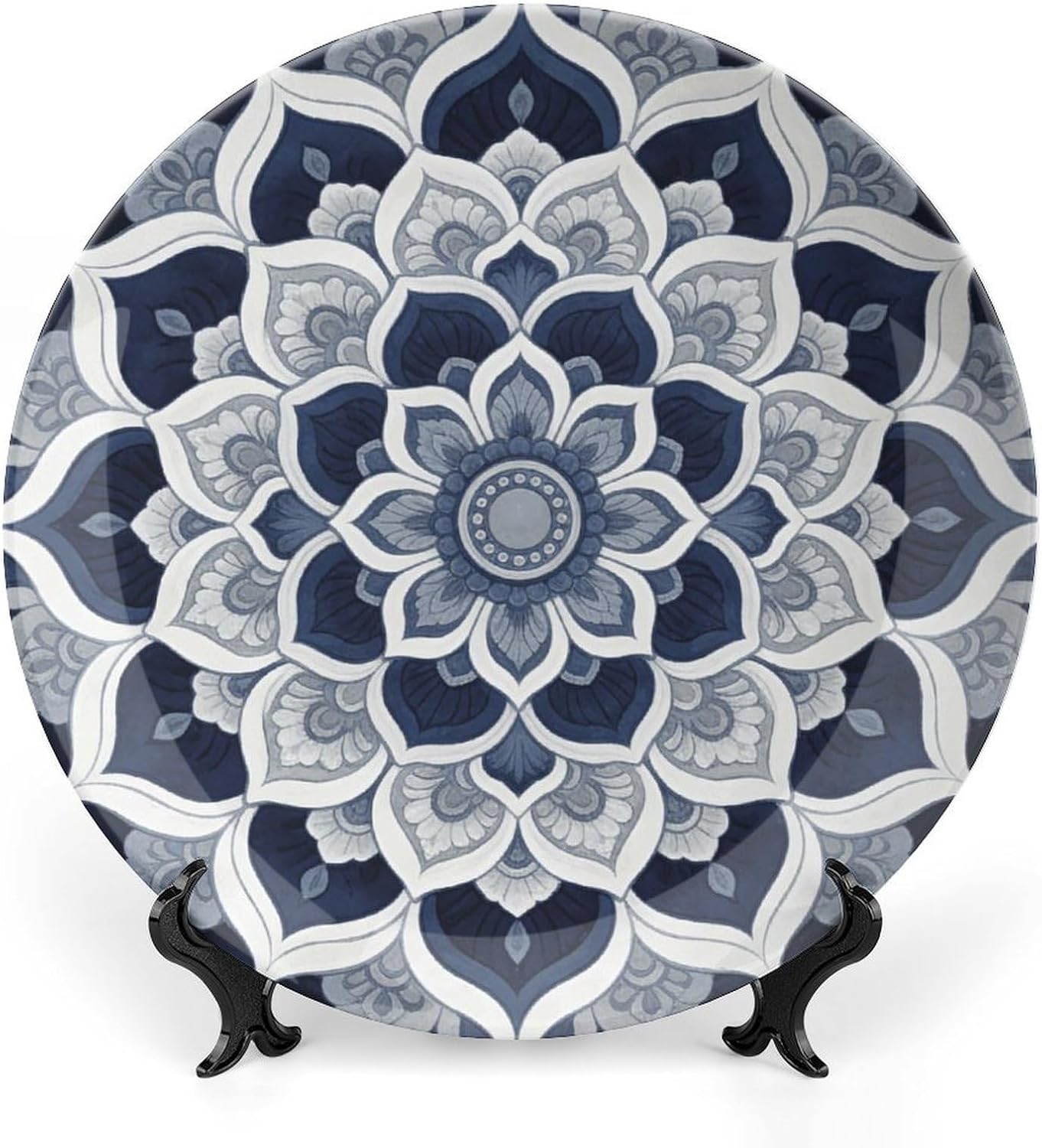 Mandala Navy Blue Ceramic Display Plate Decorative Round Hanging Bone China Plate with Display Stand for Kitchen Dining Room Wine Cabinet Home Décor Art Decoration 10inch