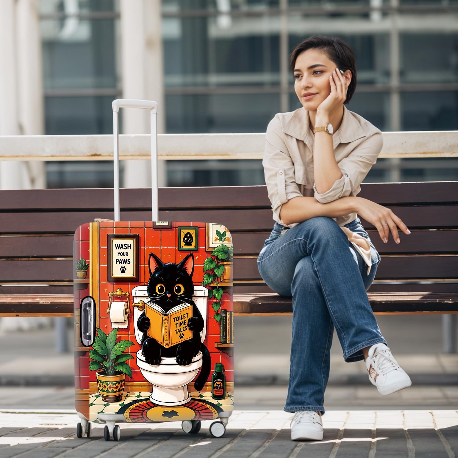 Funny Black Cat Luggage Cover, Stretch Suitcase Protector with Zipper and Buckle, Cartoon Cat Travel Cover, Washable Luggage Protector for 18-22 Inch Suitcases,S image 2