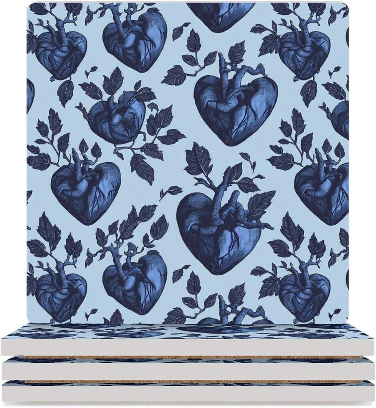 Dark Blue Heart Pattern Funny Ceramic Coasters for Drinks Absorbent Cup Holder Tabletop Protector with Cork Base