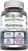 Vista 1 de Amazing Formulas - Suplemento de disolución rápida de melatonina 60 mg por porción Sabor mixto de bayas 60 tabletas Sin OMG Sin gluten