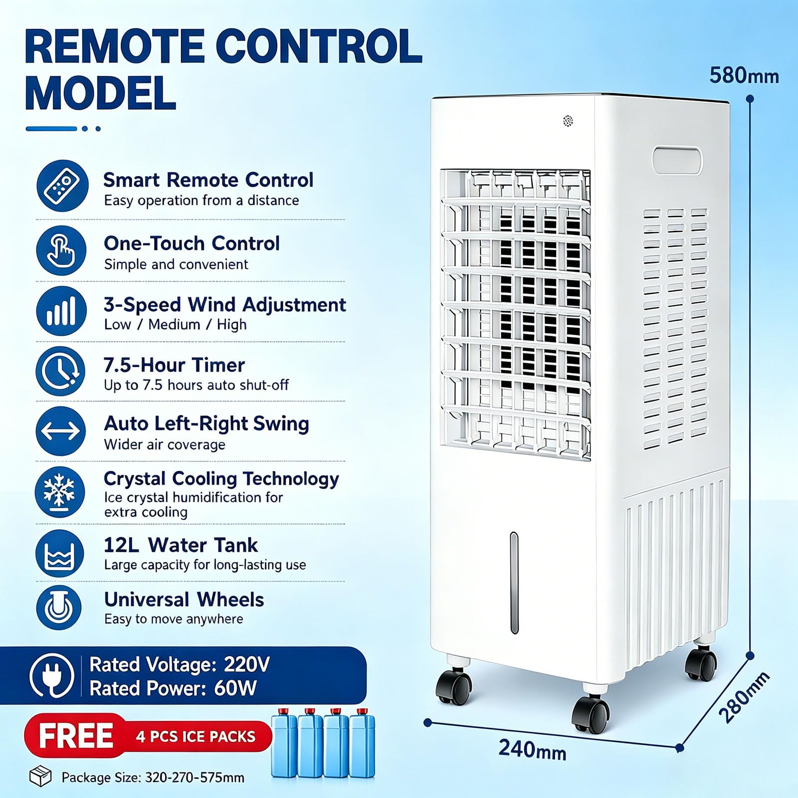 4-in-1 Portable Air Cooler, 12L Evaporative Air Conditioner No Hose, with 4 Ice Packs, 3-Speed Fan, Quiet Operation, 7.5H Timer, Humidifier & Air Purifier, Remote Control for Home & Bedroom