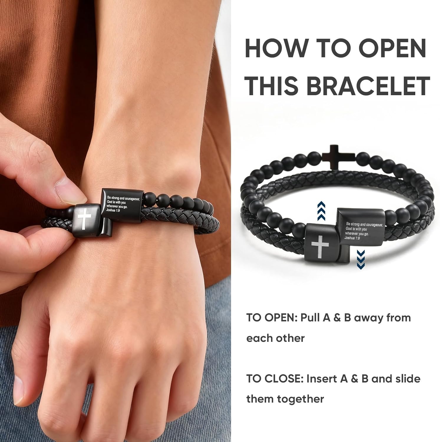 Men's Cross Bracelet for Men - Bible Verse Bead Rosary Braided Black Genuine Leather Bracelets, Bangle Engraved Love You Forever, Christian Catholic Religious Jewelry Christmas Gifts Ideas for Man - Image 6