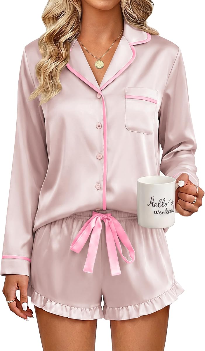 Ekouaer Womens Satin Pajamas Set 2 Piece Long Sleeve and Ruffle Shorts
