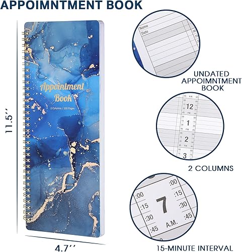 Miniatura 3 de Poluma - Libro de citas de salón, 11.5 x 4.7 pulgadas, 2 columnas, 6 AM - 9 PM, encuadernación de doble alambre, 200 páginas para estilista - Azul