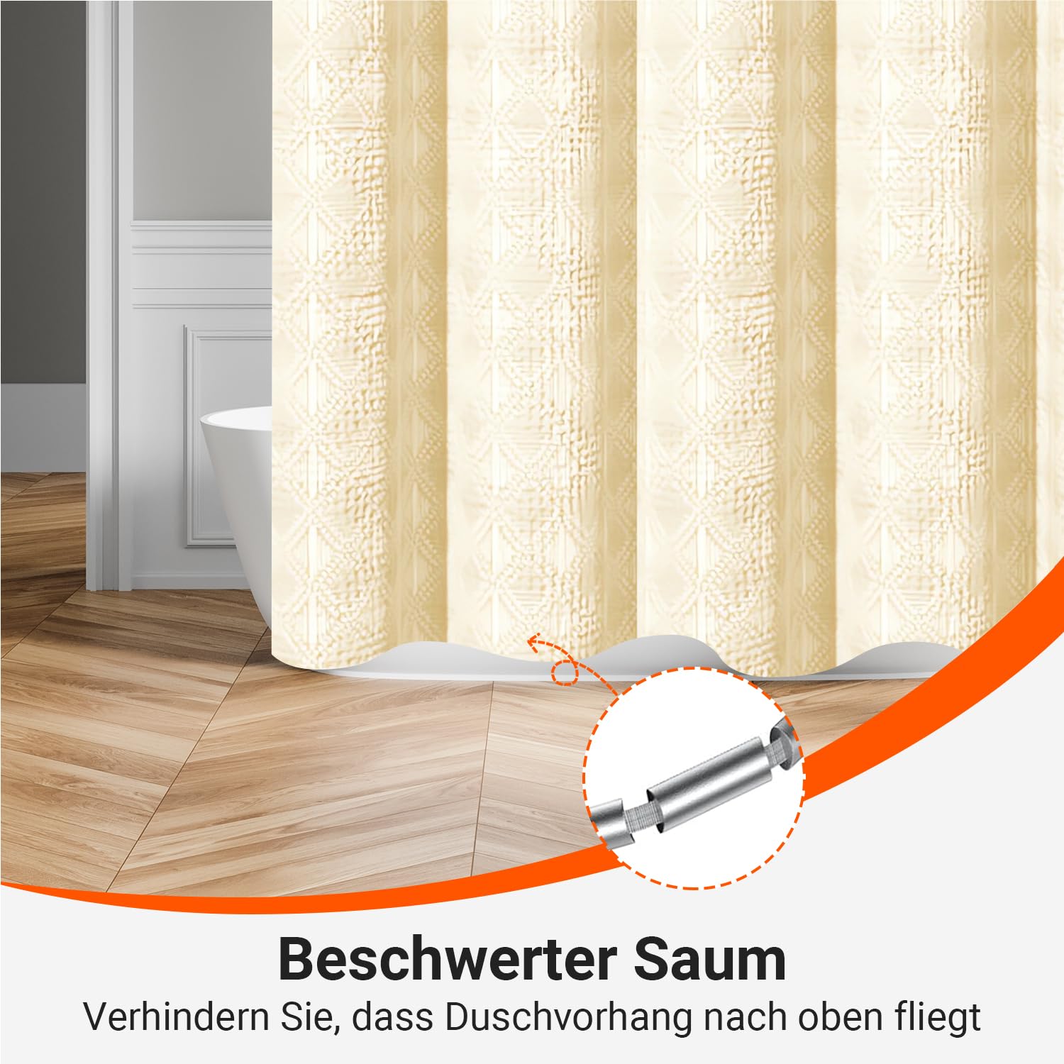 Lerores Rideau de douche 180 x 200 cm - Motif gaufre diamant - Beige - Ourlet lesté - Textile anti-moisissure - Imperméable - Lavable - Tissu polyester - Pour salle de bain, baignoire - Avec 12