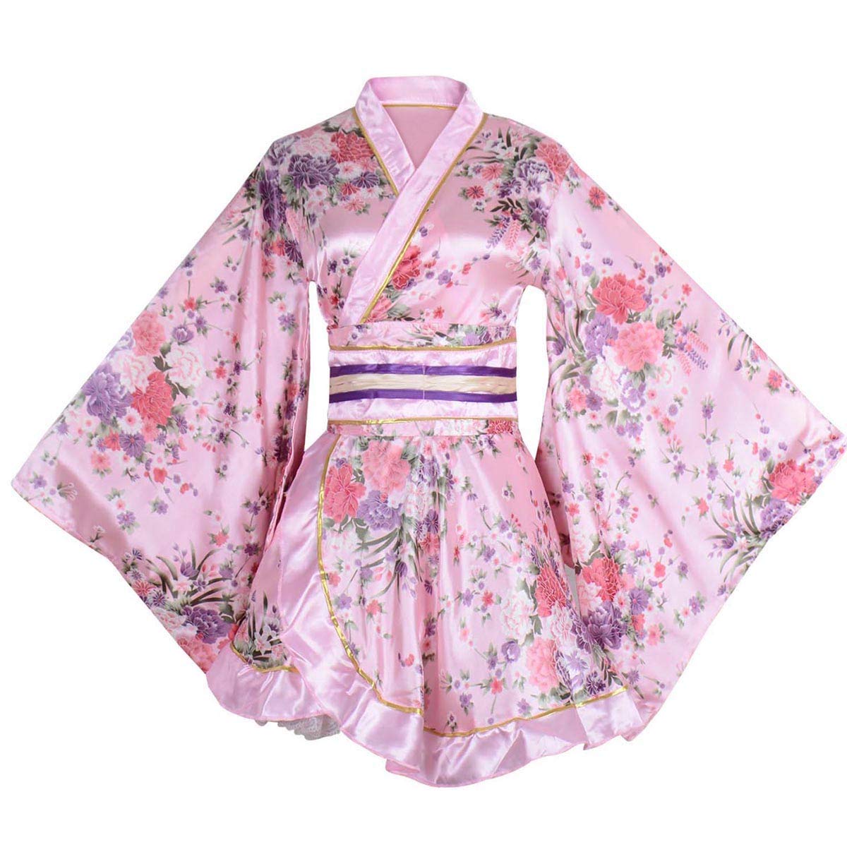 Women's Kimono Short Yukata Sexy Kimono Mini Dress Floral Solid See-through V-neck Bathrobe Nightgown Free size Pink