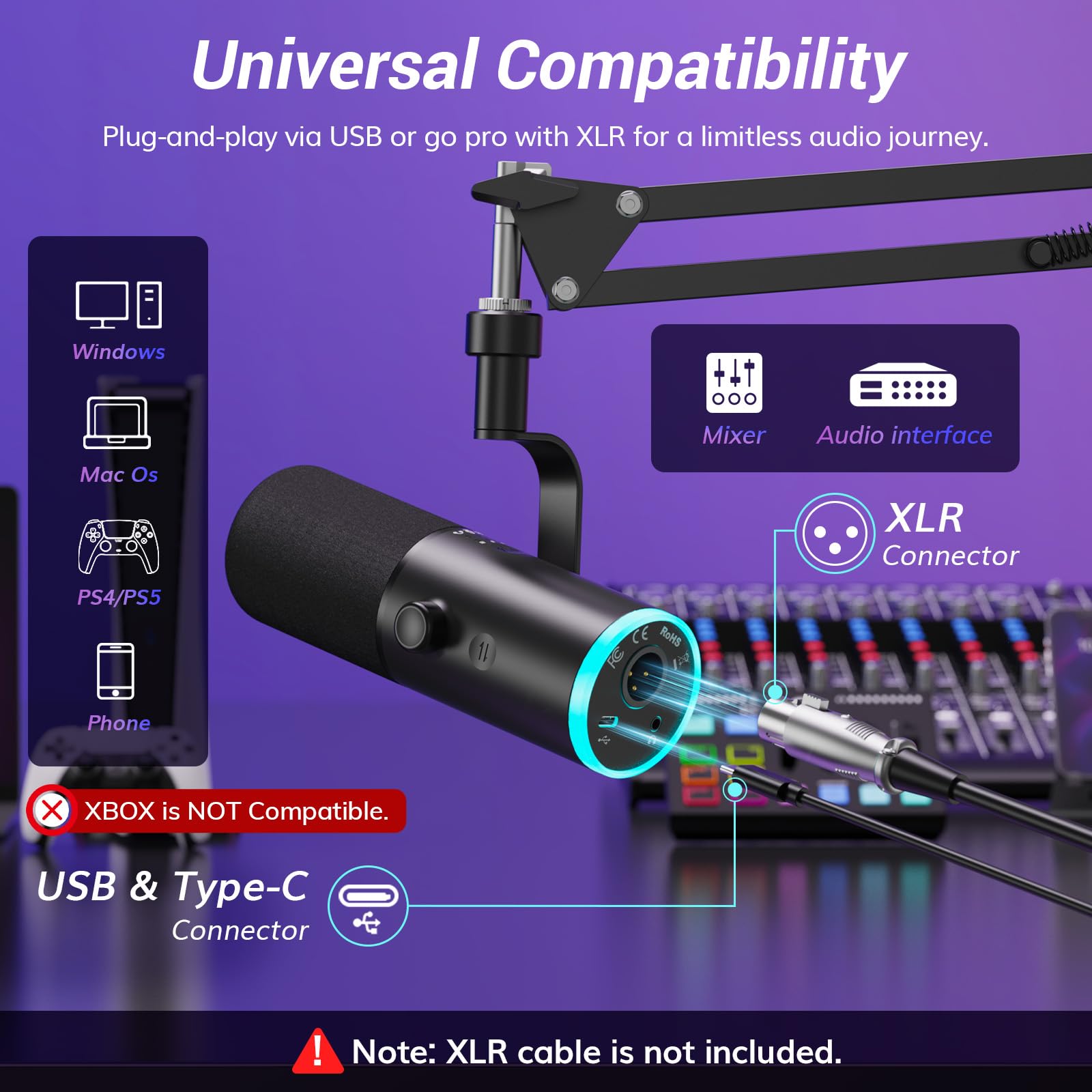 TONOR Dynamiczny mikrofon do gier, mikrofon XLR/USB do streamingu, redukcja szumów AI, sterowane RGB, Tap-Mute, gniazdo słuchawkowe 3,5 mm, mikrofon z ramieniem wysięgnikowym, czarny, TD510 AIR S+H