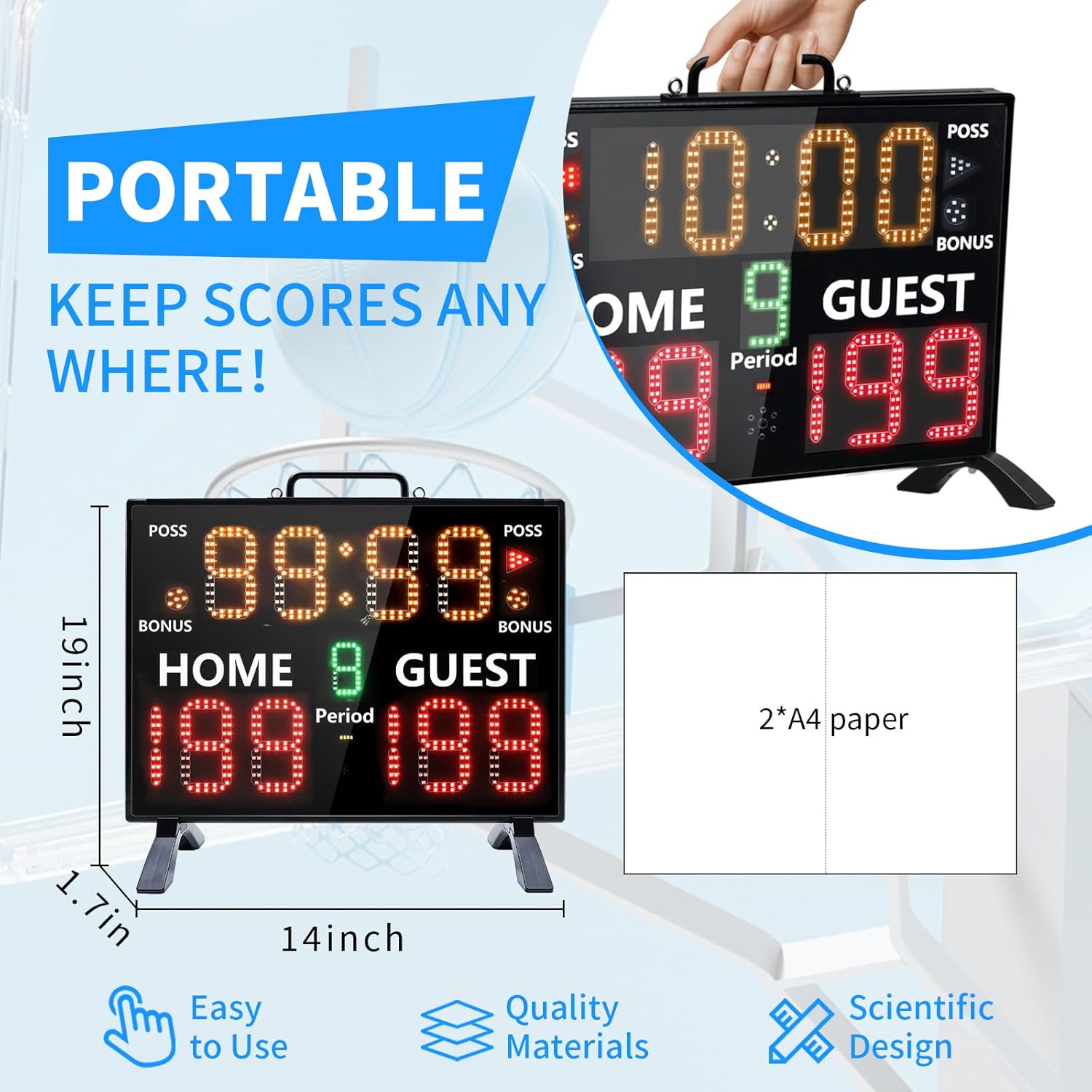 Electronic Basketball Scoreboard with Buzzer, Digital Scoreboard with Remote,Portable Score Keeper Battery Powered Score Board for Sports Games(11digits Plus-Tripod)