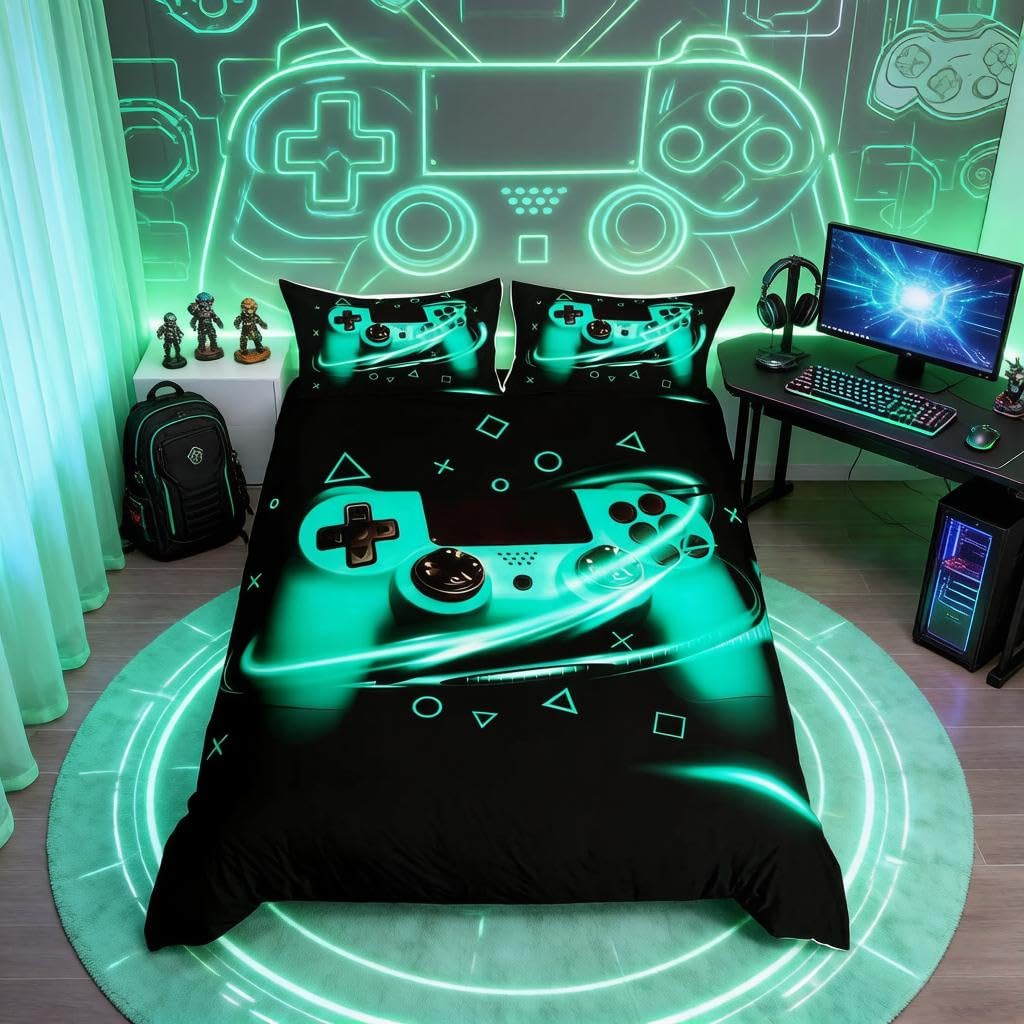 Teal Gamer Bedding Set Super King Video Game Gaming Duvet Cover Set Teens Boys Kids Geometric Triangle Comforter Cover Set 3Pcs Console Game Controller Bedding Room Decor Quilt Cover Turquoise โ image 1