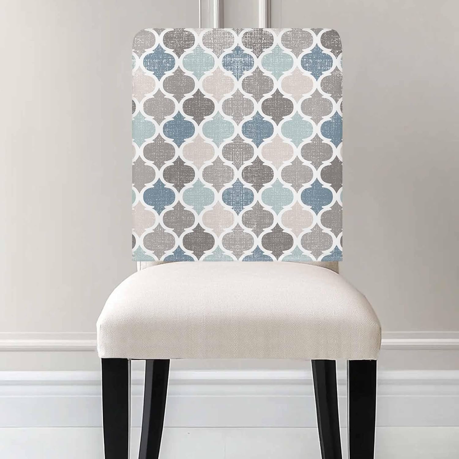 Moroccan Geometric Plaid Dining Chair Cover Set of 6,Removable Chair Back Covers Blue Grey Tile Lattice on Linen Washable Kitchen Chairs Slipcover for Home Dining Room Office Hotel
