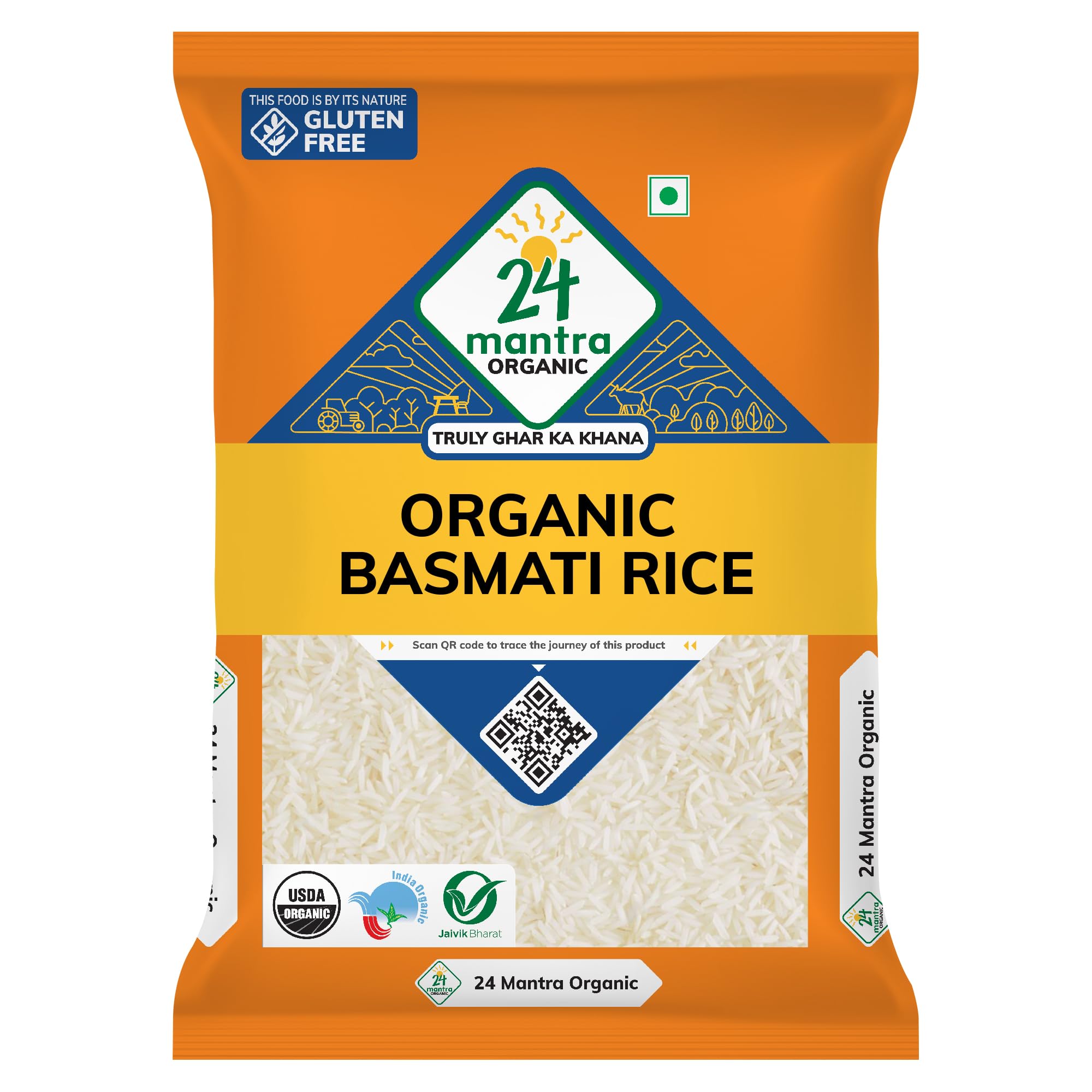 24 Mantra Organic Basmati Rice Premium Polished/Basmati Chawal - 1 Kg | Pack of 1 | 100% Organic | Chemical Free & Pesticides Free