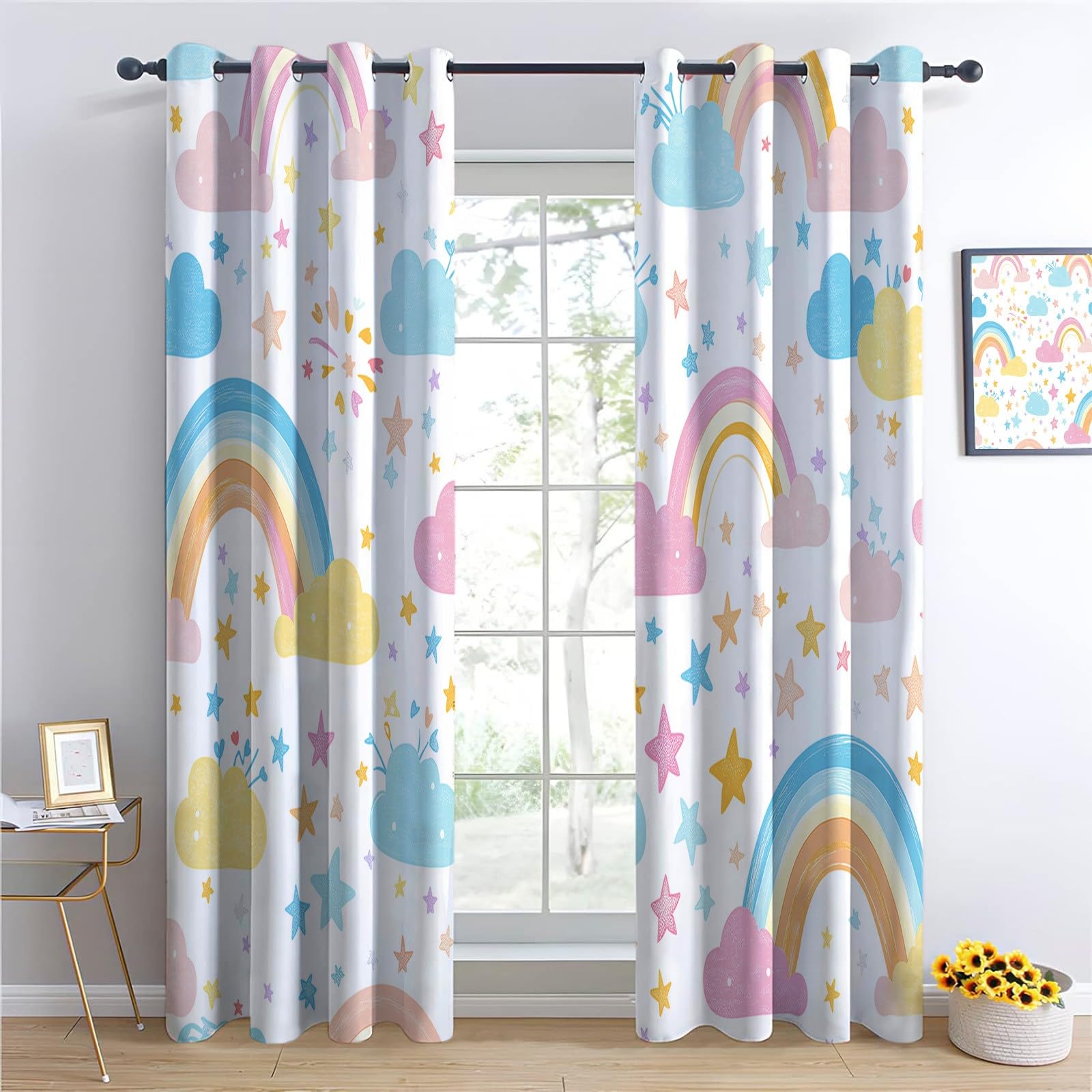 Arc en Ciel Nuages Étoiles Rideau Occultant, Blanc Rideau Thermique Isolant Tenture Opaque à Oeillets Draperies IntéRieurs pour Chambre Salon Décoration 2 Panneaux 92L x 214H cm