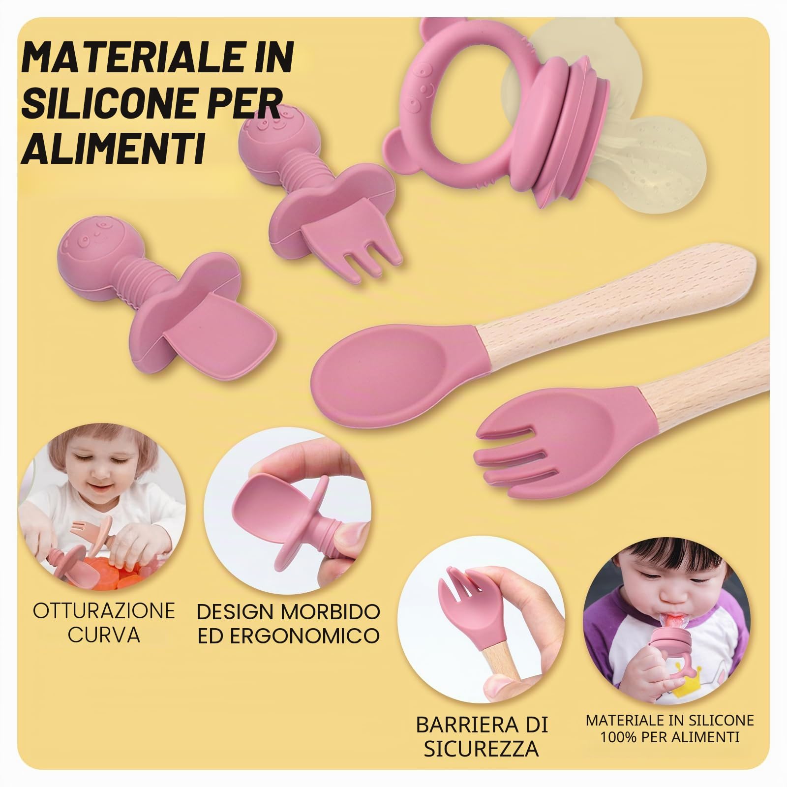 Posate set da 10 pezzi in silicone antiscivolo con ventosa, bavaglino, ciotola, cucchiaio, forchetta, beige