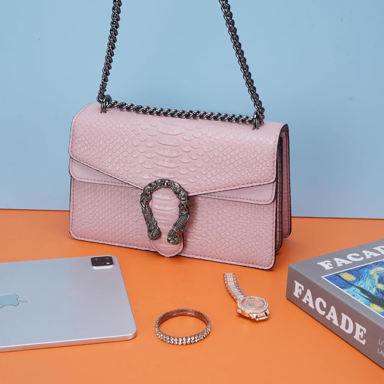 Aiqudou Leather Crossbody Bag Chain Purse for Women - Fashion Snake Print Shoulder Bag Luxury Evening Satchel Handbag Ladies Underarm Bag
