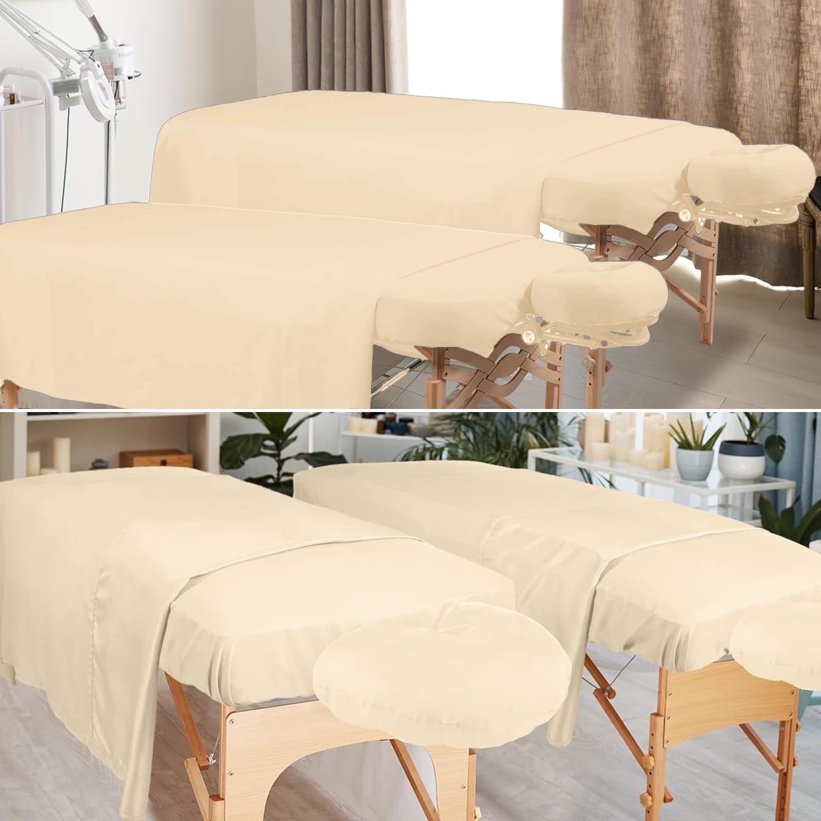 Lot de 2 draps de lit réutilisables en microfibre douce - Pour table de massage - Drap-housse et housse pour repose-visage - Pour salon de beauté, spa, cheveux - Beige