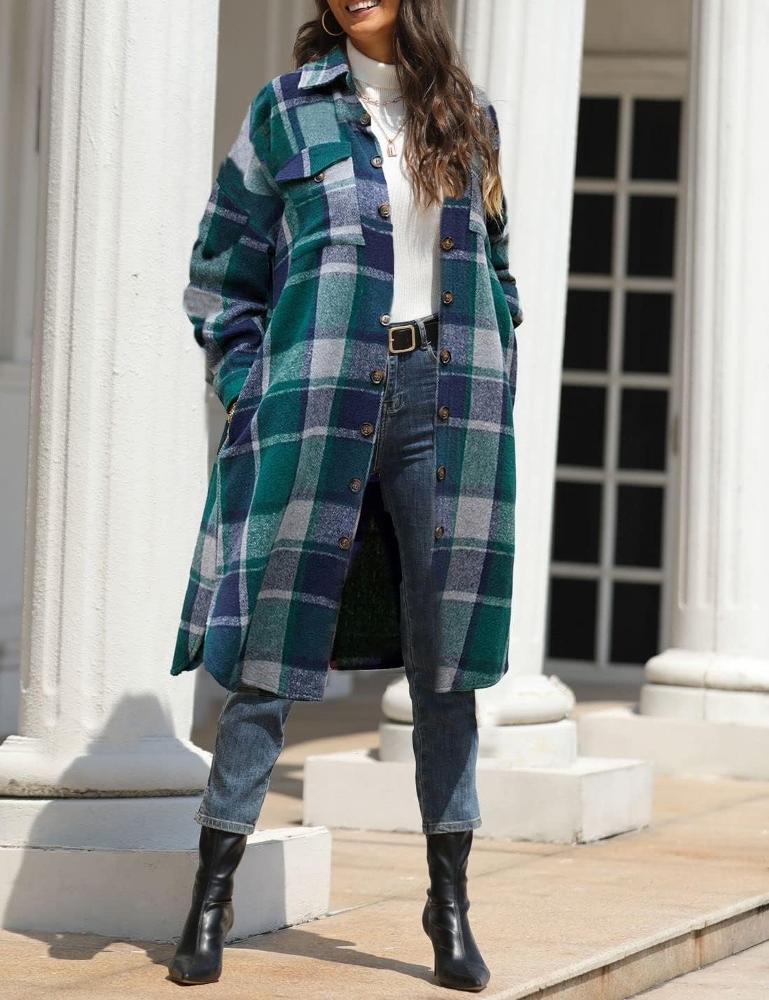 FindThy Women’s Long Plaid Shacket Wool Blend Button Down Shirt Jacket Coat with Pockets - Image 3