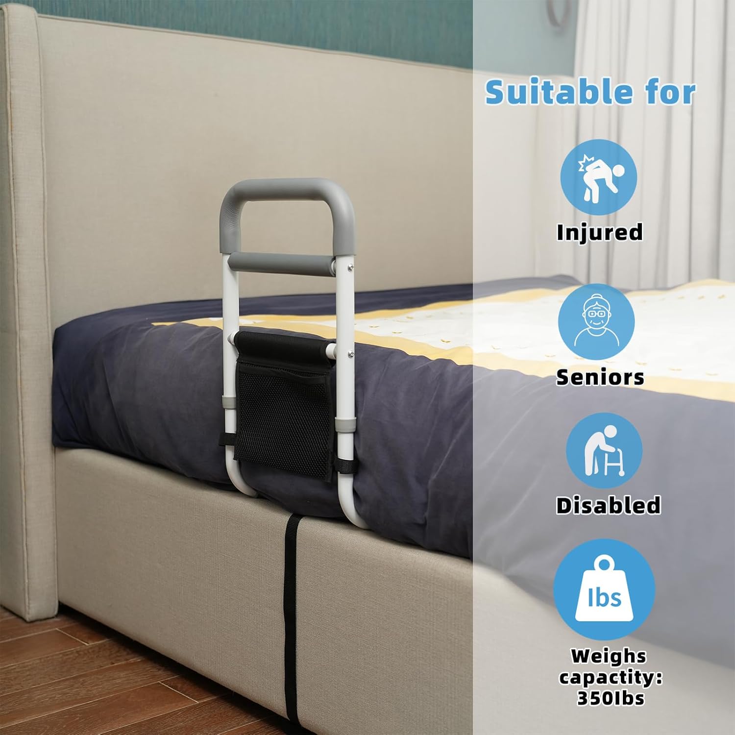 Bed Rails for Elderly Adults - 350LBS Heavy Duty Bed Assist Rail with Non-Slip Bedside Handle, Fall Prevention Safety Cane with Storage Pocket for Seniors, Fits King/Queen/Full/Twin Beds