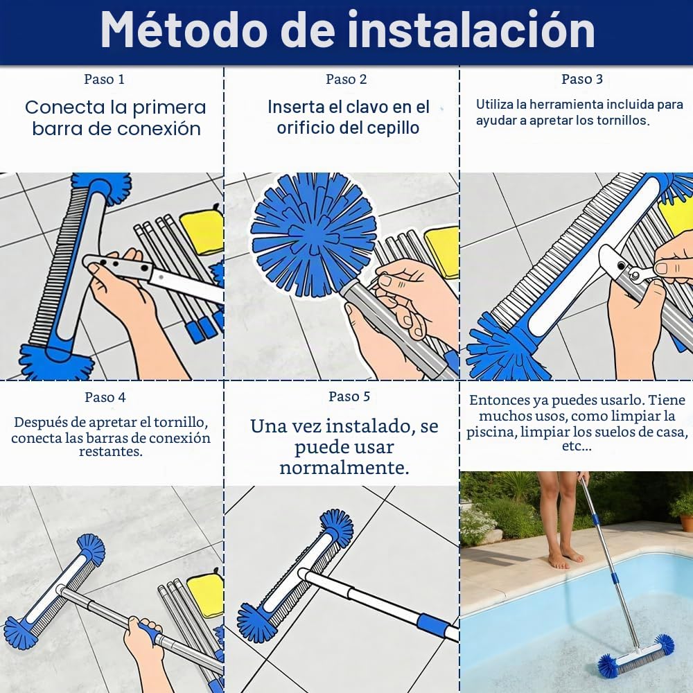 Cepillo Piscina con pertiga 194cm, Cepillo de Piscina 43cm, Cepillo para Limpiar Piscinas con Varilla de Acero Inoxidable, Kit Piscina Limpieza