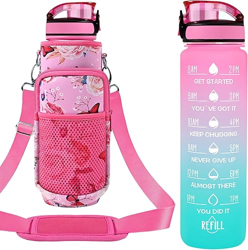 Botellas de agua de 32 onzas con popote y correa, botellas de agua motivacionales con tiempos para beber, botella de agua deportiva reutilizable sin