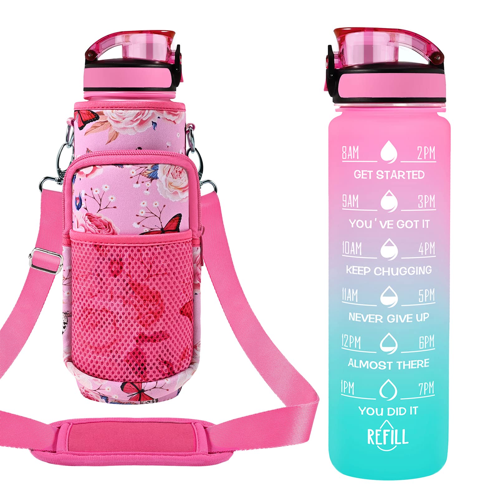 Newfad 32 oz Water Bottles with Straw & Strap, Motivational Water Bottles with Times to Drink, BPA Free Reusable Sports Water Bottle with Sleeve
