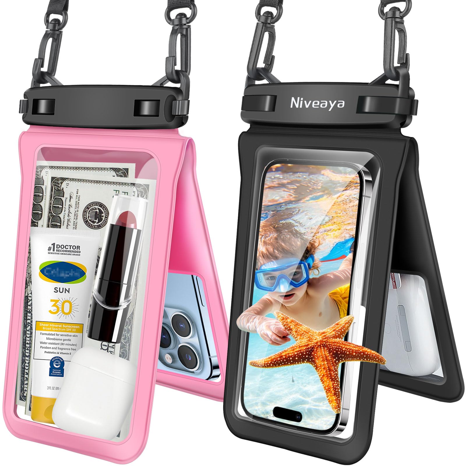 Niveaya Double Space Waterproof Phone Pouch - 2 Pack, Waterproof Phone Lanyard Case with iPhone 17/16/15/14/13 Pro Max up to 8.3", Phone Dry Bags for Vacation B