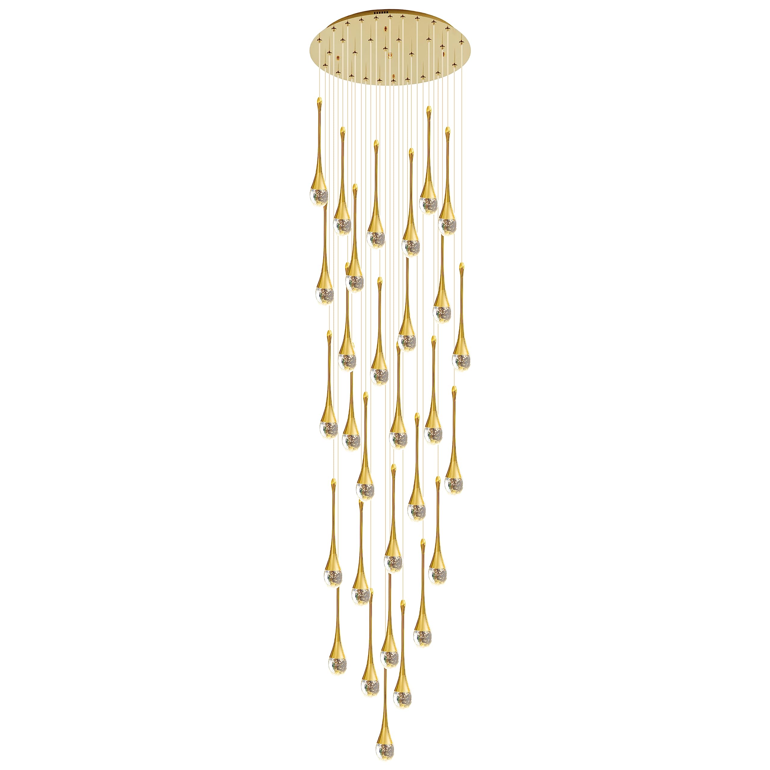 KXEcoLife 30-Light LED Chandeliers Dimmable 3CCT High Ceiling Crystal Pendant Lights Fixtures 19fts (6m) Raindrop Spiral Dome Long Chandelier For Foyer Entryway Stairwell Lighting