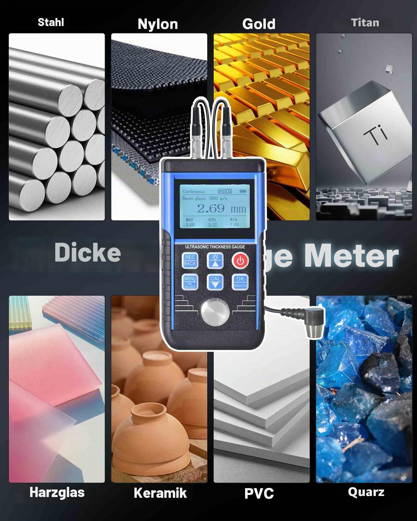 Ultraschall-Dickenmessgerät 0,8–500 mm, hohe Genauigkeit ±0,05 mm, Dickenmessgerät mit 5-MHz-Sonde (φ10 mm), Auflösung 0,01 mm, MAX/AVG/MIN-Modi für Stahl/Nylon/Keramik bei der Rohrleitungsinspektion