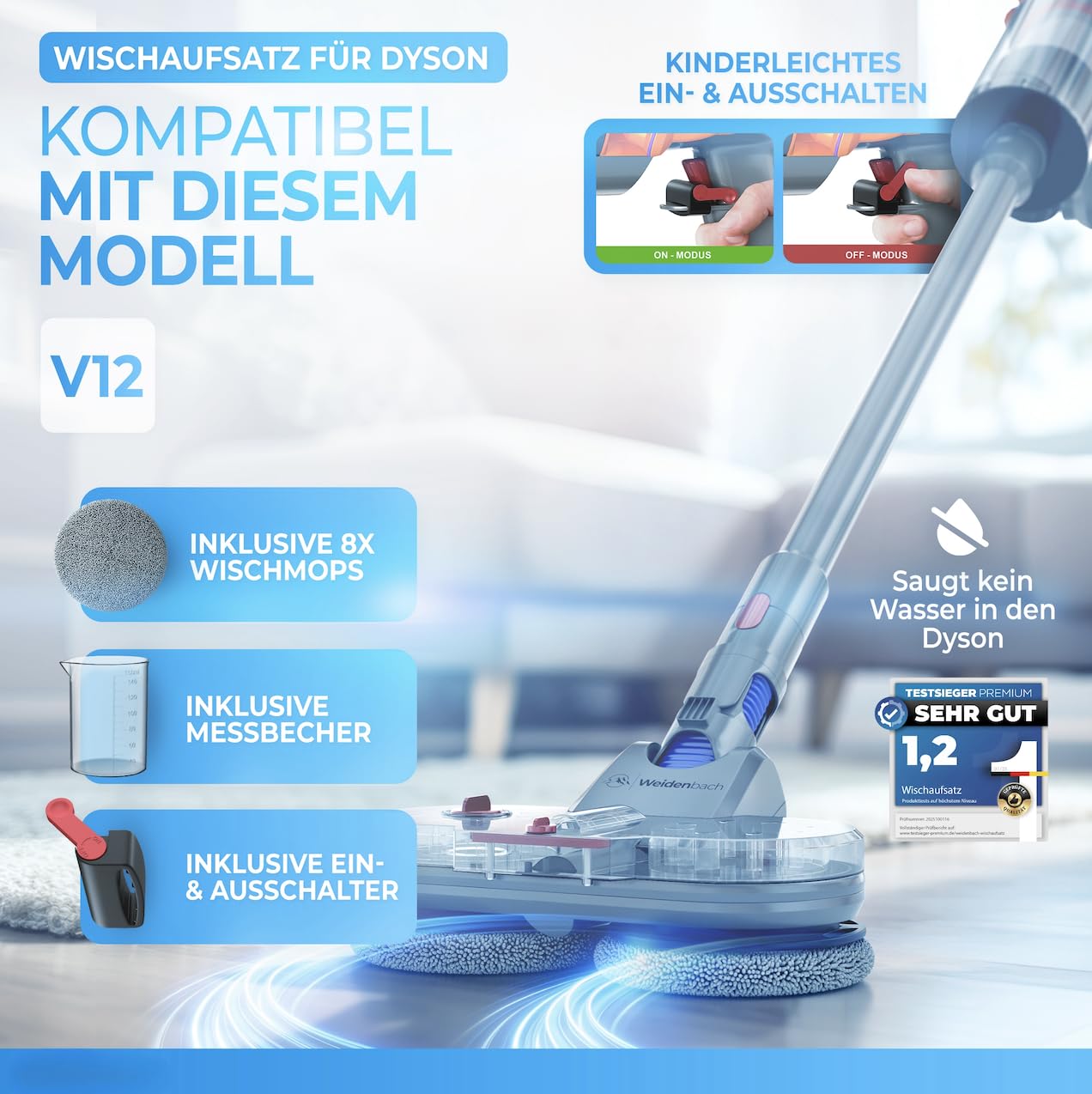 Weidenbach Accesorio de fregona para Dyson V12 – Aspiradora eléctrica – Accesorio de fregona – Aspiradora en seco y húmedo – con depósito de agua extraíble, depósito de llenado y 8 trapeadores
