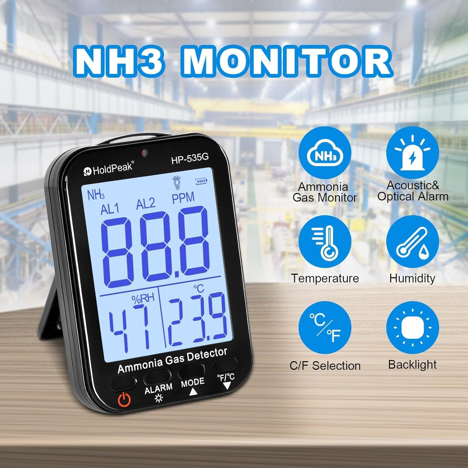 Portable Ammonia Gas Detector, NH3 Tester (0-100 PPM) with 0.1 PPM Resolution, Air Quality Monitor with Humidity Temperature, Dual Acoustic/Optical Alarm, Large Backlit Display for Farms, Chemical