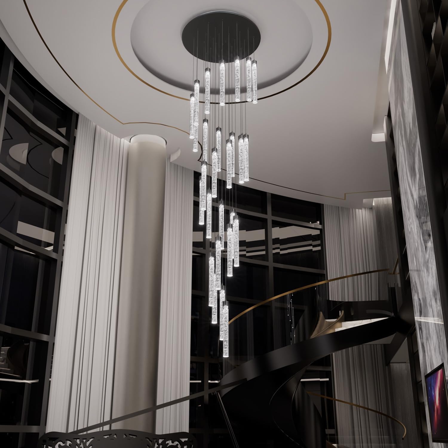 ykolupty H150'' Modern Chandelier Modern Led Chandeliers Foyer Chandelier Stairs Large Chandelier Adjustable Black Chandeliers Pendant Lighting Fixture Hanging Ceiling Light