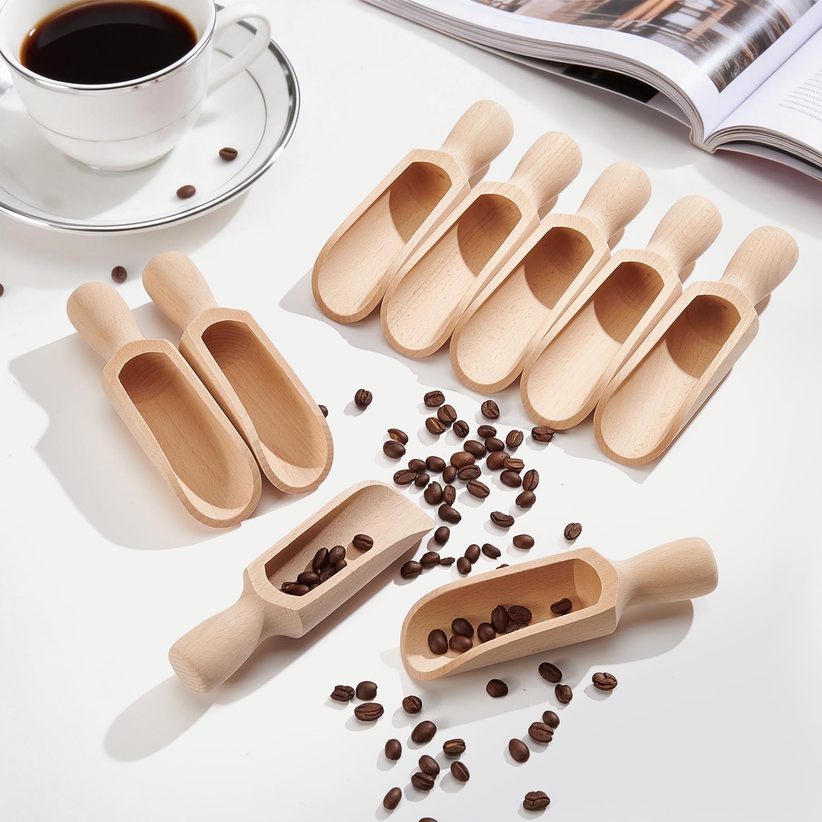 12 Stück Holzschaufel 14cm Buchenholz Bad Salz Scoop Mehrzweck Holzlöffel für Mehl Tee Kaffee Zucker Backen Gewürze Getreide Pfeffer Bad Salz und Mehr