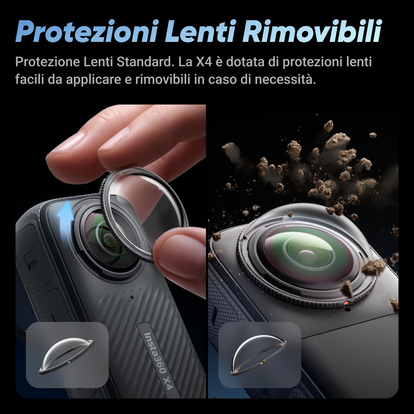 Insta360 X4 Pack Standard - Action Cam 360° 8K Impermeabile, Video Grandangolari in 4K, Effetto selfie stick invisibile. Protezioni Lenti Rimovibili, Autonomia Batteria 135 min, Editing IA