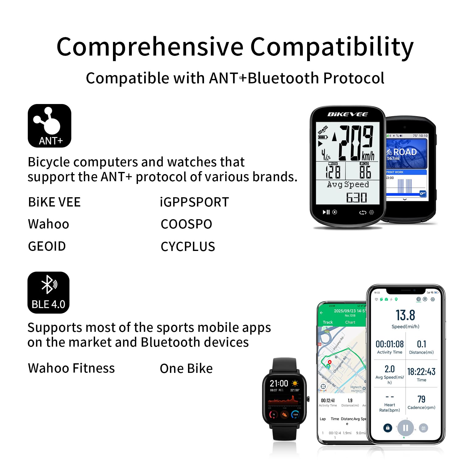Wireless GPS Tacho Fahrradcomputer, 2in1 Trittfrequenzsensor, ANT+ & Bluetooth, IPX7 Wasserdicht, 50 Stunden Akku, für Kinder & Erwachsene – Sportelektronik für Sport & Freizeit