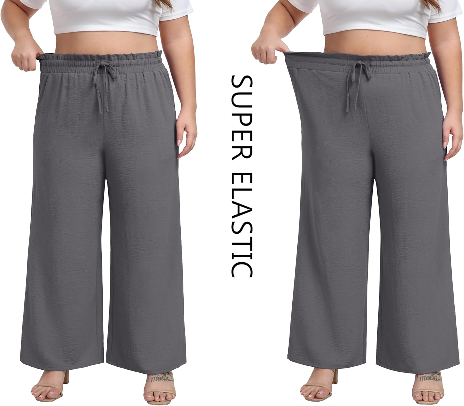 OLRIK Palazzo Pants for Women Plus Size Wide Leg Pants Stretchy Beach Trousers with Pockets Smoky Gray-1X - Image 5