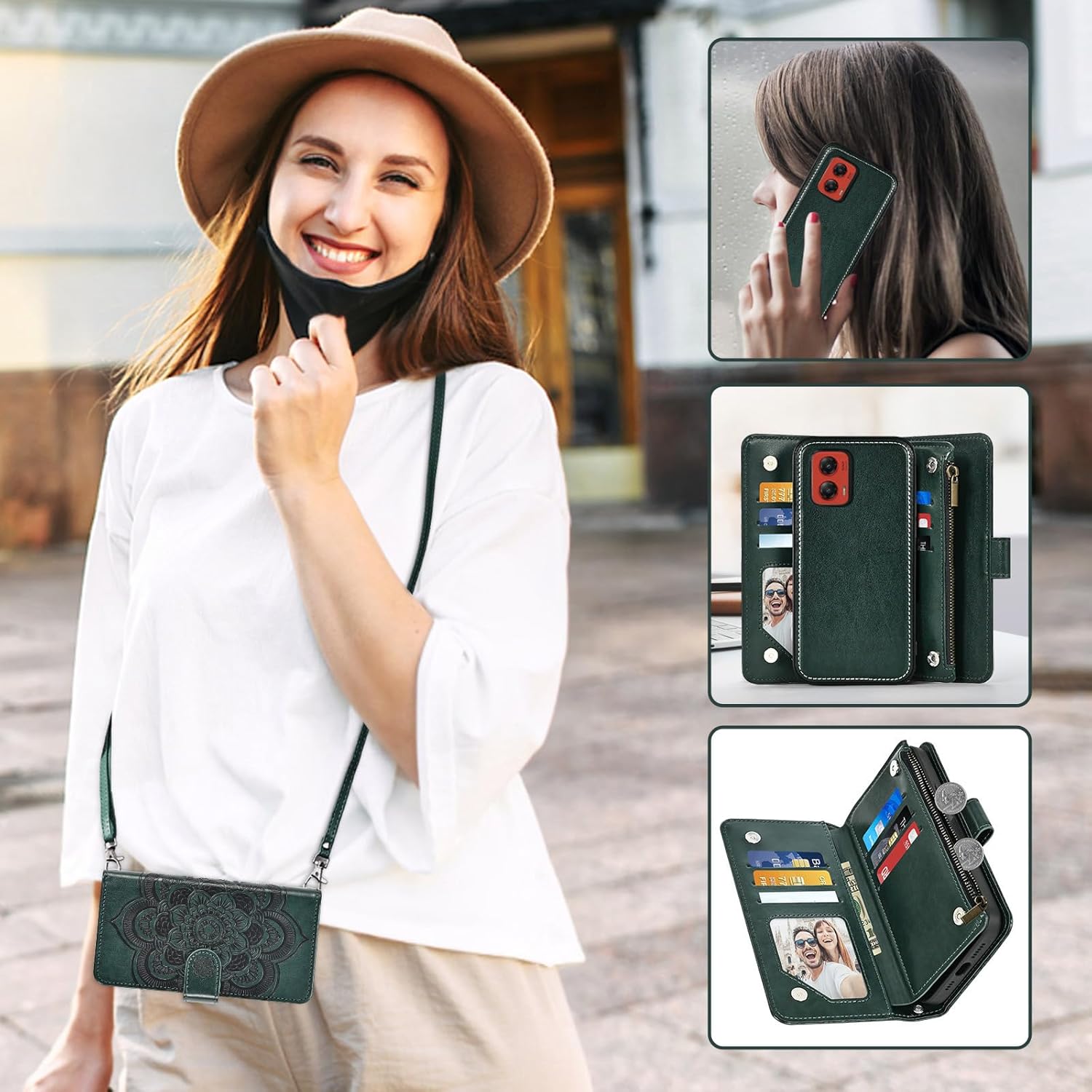 Asuwish Phone Case for Motorola Moto G Stylus 5G 2024 Zipper Wallet Magnetic Detachable Cell Cover with Tempered Glass Screen Protector Crossbody Lanyard Strap Flower Card Holder G5 Women Dark Green