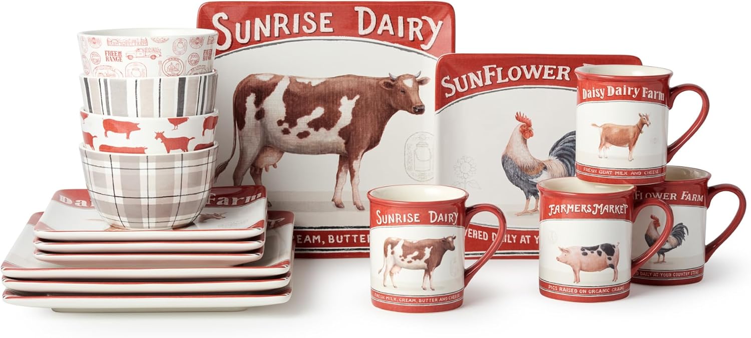 Vintage Farm 16-Piece Dinnerware Set, Includes 10.5-Inch Dinner Plates, 8.5-Inch Salad Plates, 16-Oz Mugs & 5.25-Inch Bowls, Farm Animal Design with Red Accents, Rustic & Dishwasher Safe