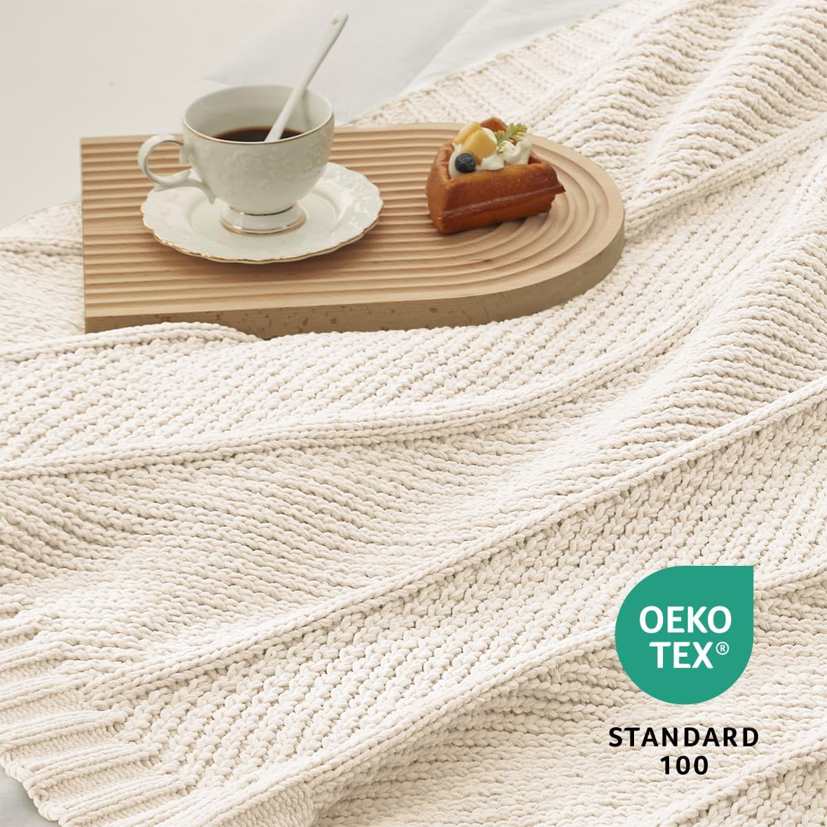 Amélie Home Chenille Knit Throw Blanket for Couch, Chevron Texture Decorative Soft Blanket for Sofa, Bed & Chair, 50"x60", Ivory Chevron-ivory 50'' x 60'' image 9 of 9 B0B932H337