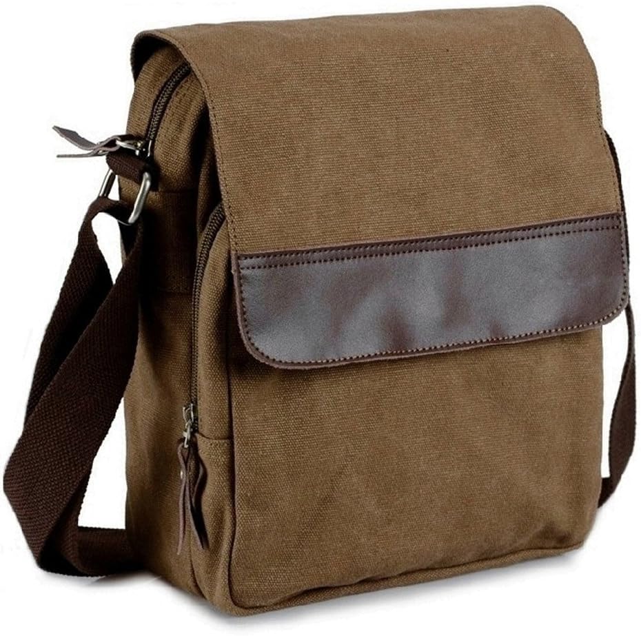 Qianying Small Vintage Durable Vertical Cotton Canvas Messenger Bag Ipad Bag Crossbody Shoulder Sling Satchel Shopping Bag Travel Bag for Men and Women Brown