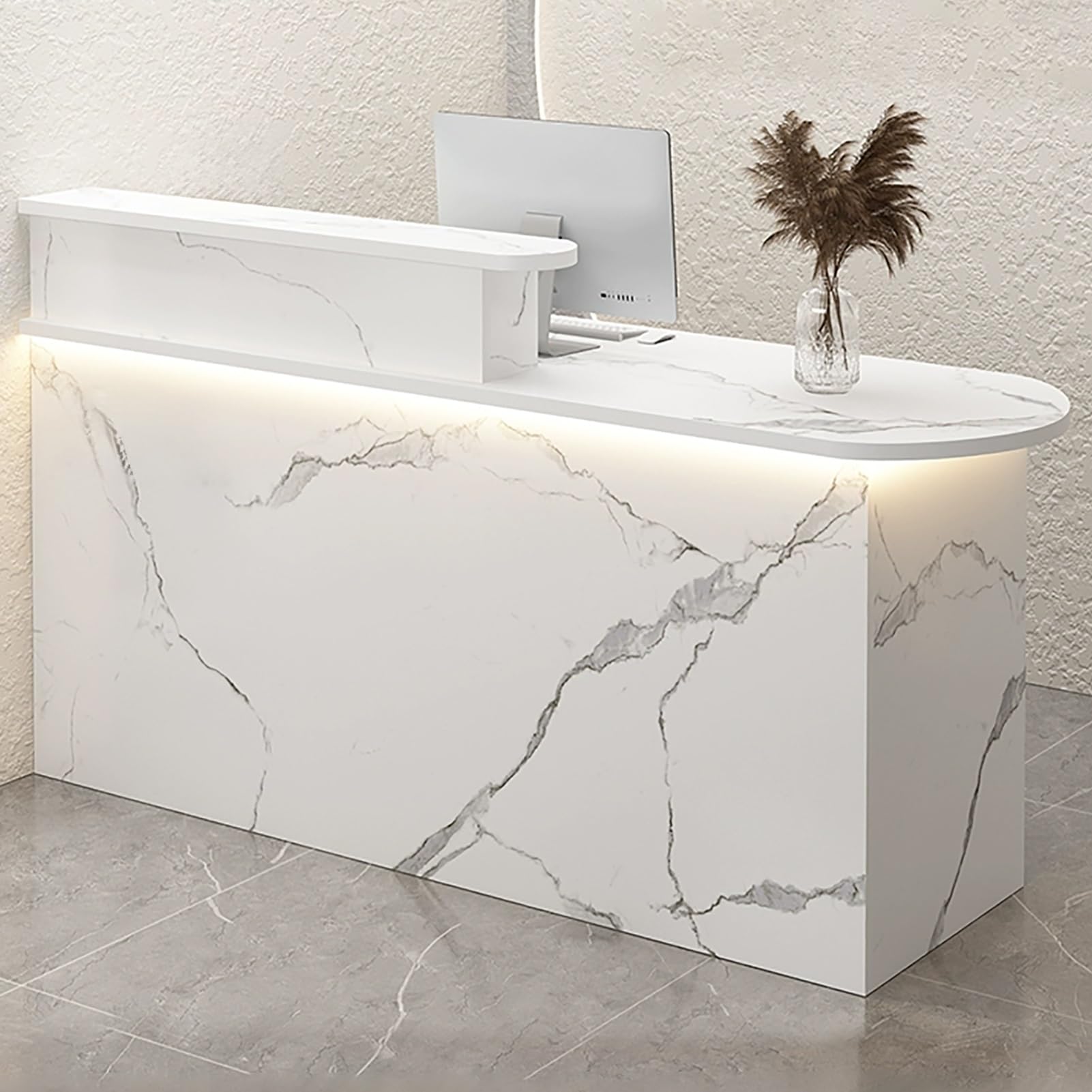 Nowoczesne białe biurko z oświetleniem LED, taca na klawiaturę, szuflada i szafka, 130 x 55 x 100 cm, stylowe meble biurowe do użytku domowego i biznesowego
