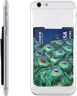 Peacock Green Feather Print Leather Mobile Phone Card Package Card Case Cell Phone Card Pocket Compatible with Most Smartphones