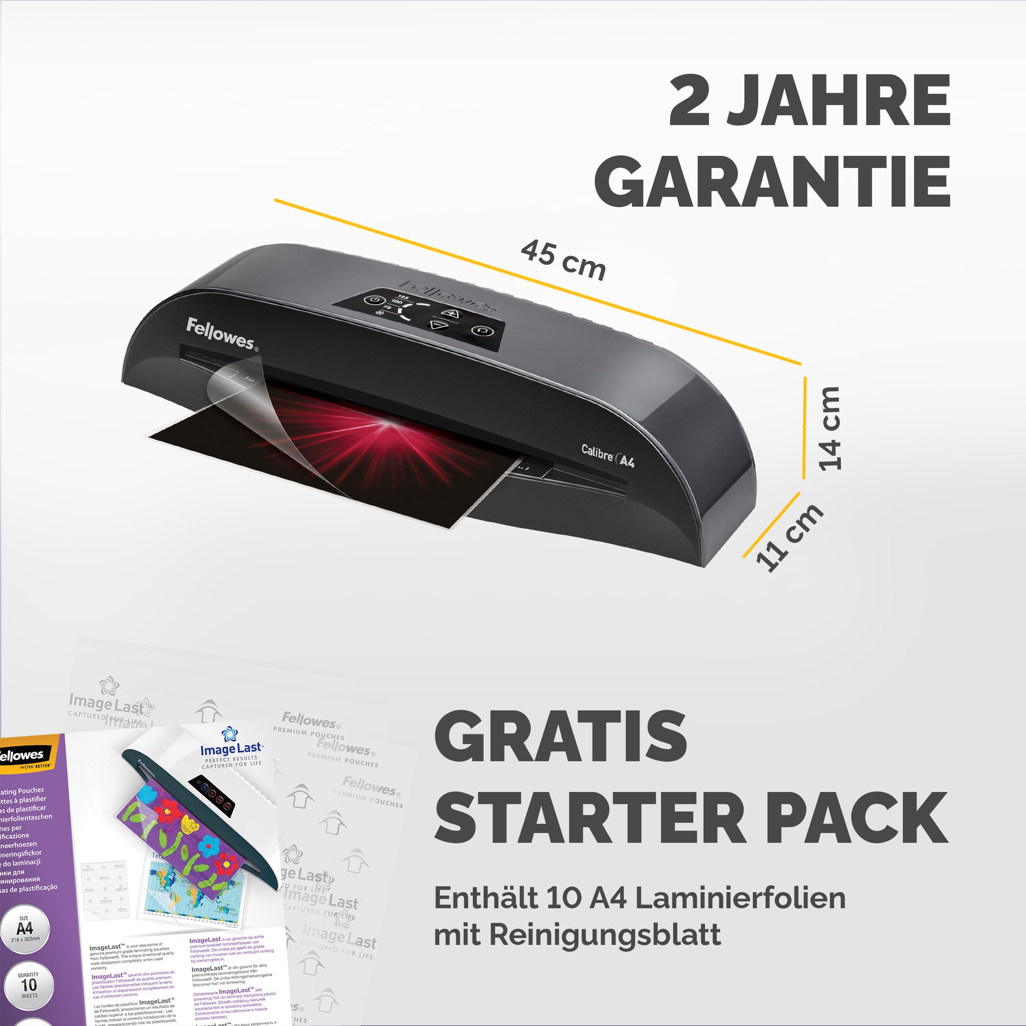 Fellowes Calibre A4 Laminiergerät für 80-125 Micron Folien, 60 Sek. Aufwärmzeit, staufreies Laminieren, inkl. 10 gratis A4 Folien, schwarz/grau