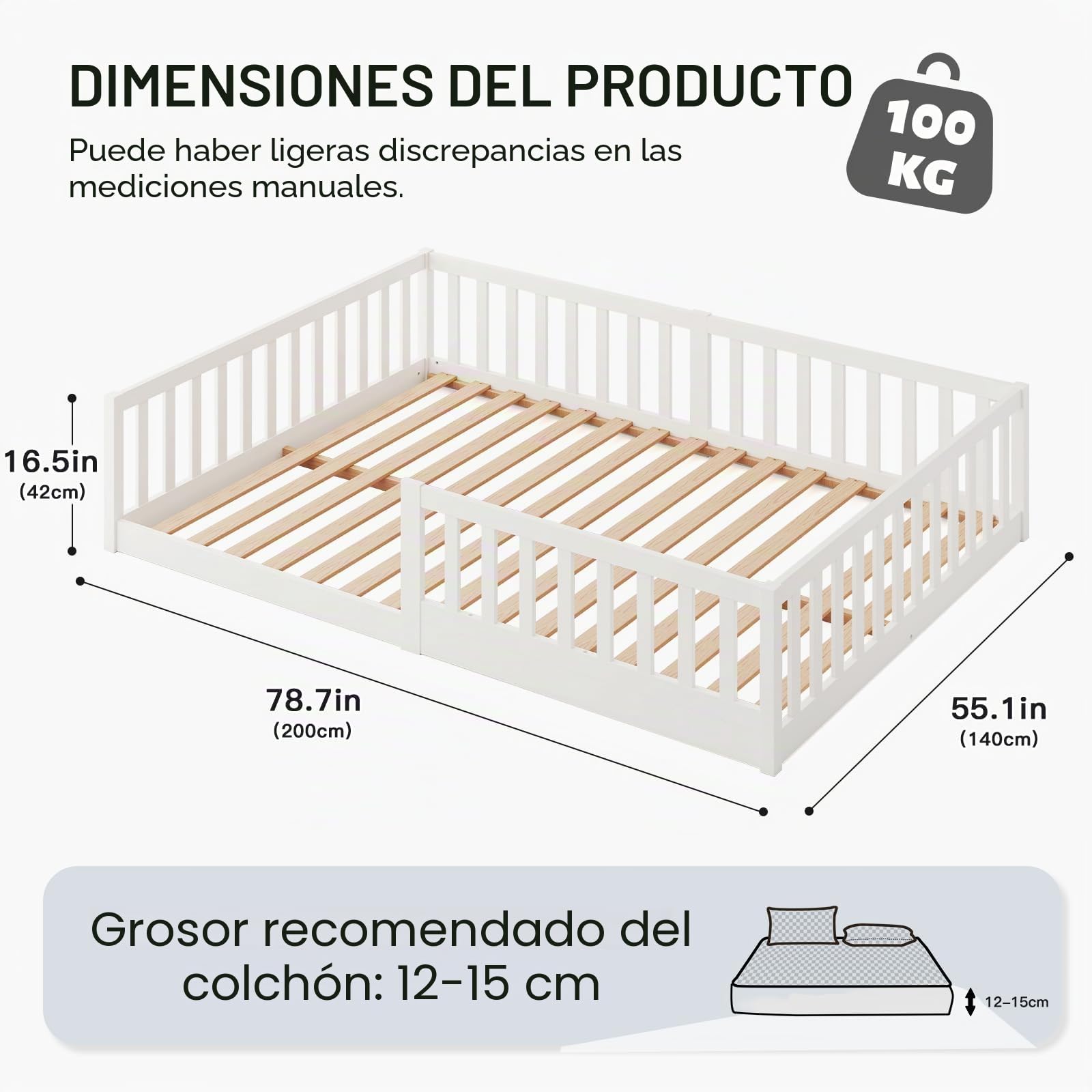 labebe Cama baja para niños 140 x 200, cama Montessori de madera maciza blanca con barandillas de seguridad y somier (colchón no incluido) Adecuada para niños y bebés
