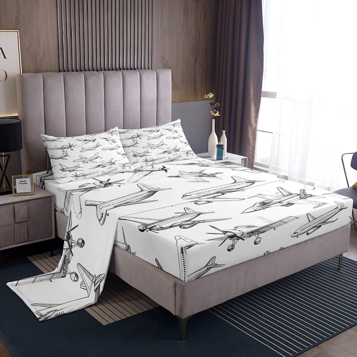 Homewish Airplane Sheet Sets Twin Size Aircraft Bedding Set 3Pcs for Kids Girls Boys Teens Bedroom Decor Black White Sketch Print Bed Sheet Flying Theme Fitted + Flat Sheet,1 Pillowcase