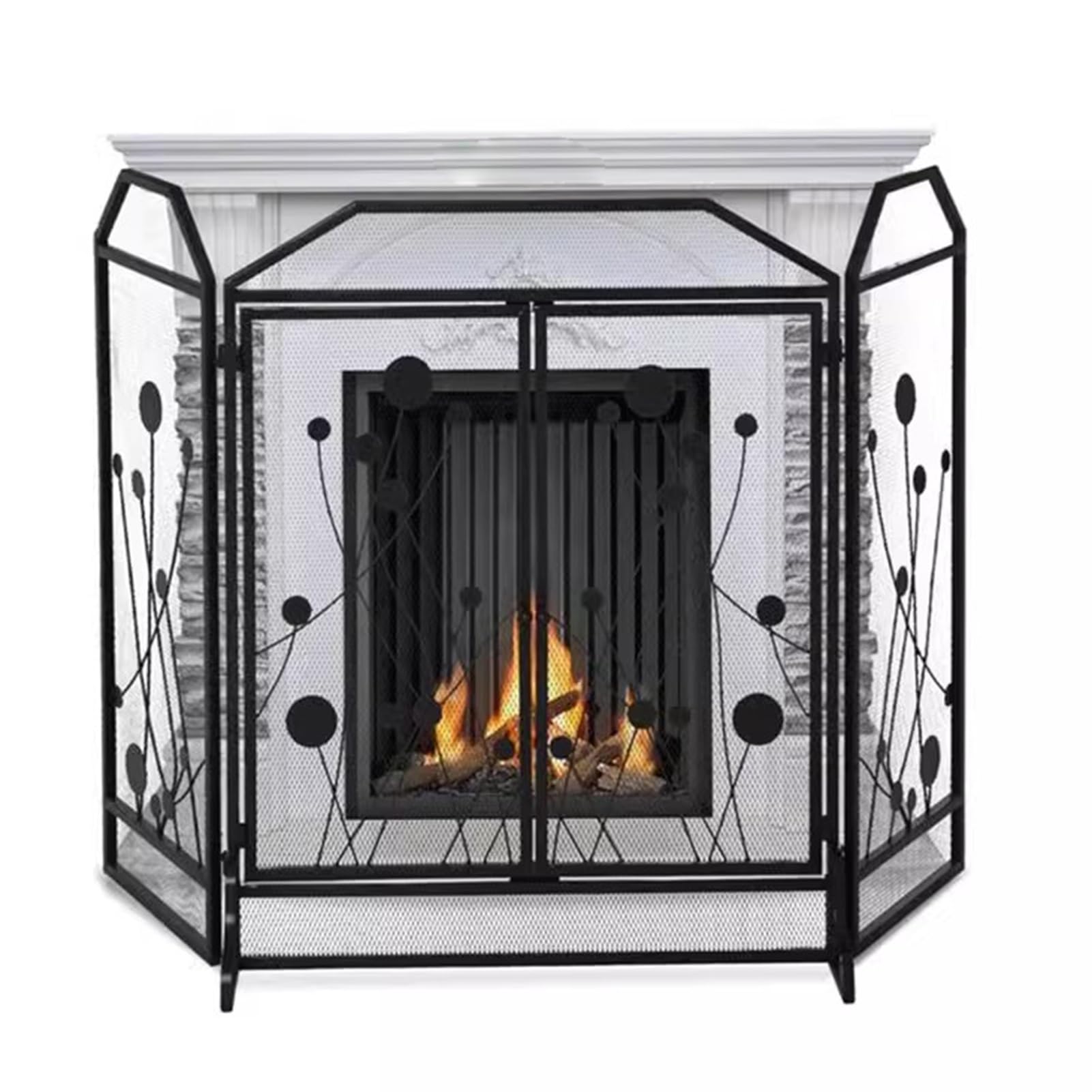 Salvachispas Chimenea Mampara de Chimenea Plegable de 3 Paneles con Puertas Dobles, Malla Protectora Negra para Estufa de Leña para El Hogar, Cubierta Moderna con Bisagras y Puerta a Prueba de Chispas